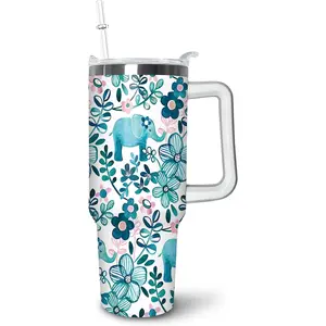 40 oz Insulated Stainless Elephant Tumbler With Handle and Straw, 40oz Coffee Travel Mugs Cup Water Bottle Elephant Lovers Gifts for Women Girls