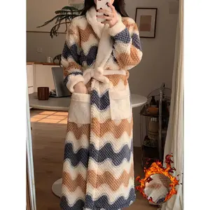 Women's Winter Plush Robe Thick Long Sleeve Collar Bathrobe with Belt Beige Brown White Black Blue Grey Striped Robe for Home Spa Bed to Door Robe Machine Washable Luxury Housecoat