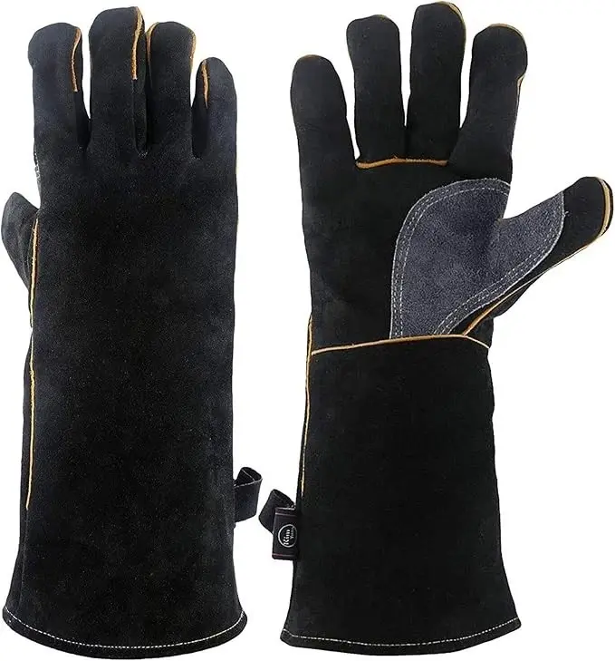 14 in Thick Cow Leather Thermal Oven Mitts - Black High-Temperature Protective Gloves, Heat-Cut-Puncture-Oil Resistant, for Kitchen Bakeware, Grill, Outdoor Grilling