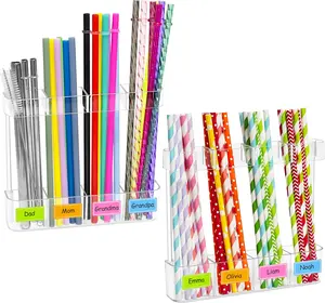 2 PACK Acrylic Straw Holder for Cabinet Door - Reusable Tumbler Straw Organizer Storage Dispenser with Ultra Sticky Adhesive Strips, Small Kitchen Accessories Container for Kitchen Cupboard Door