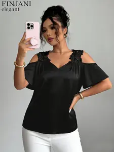Women's Off-Shoulder Blouse with Lace Patchwork Design, V Neck Short Sleeve, Commuter Date Choice, Stylish, Chic and Comfortable