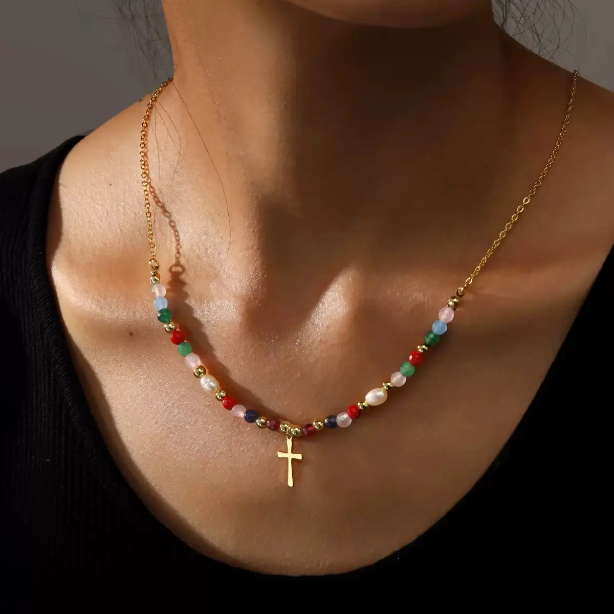 AMICON Vibrant beaded cross necklace, trendy layered collarbone chain, 2026 summer essential—wear it as a colorful reminder of faith, or gift it to someone you cherish for a pop of joyful style.