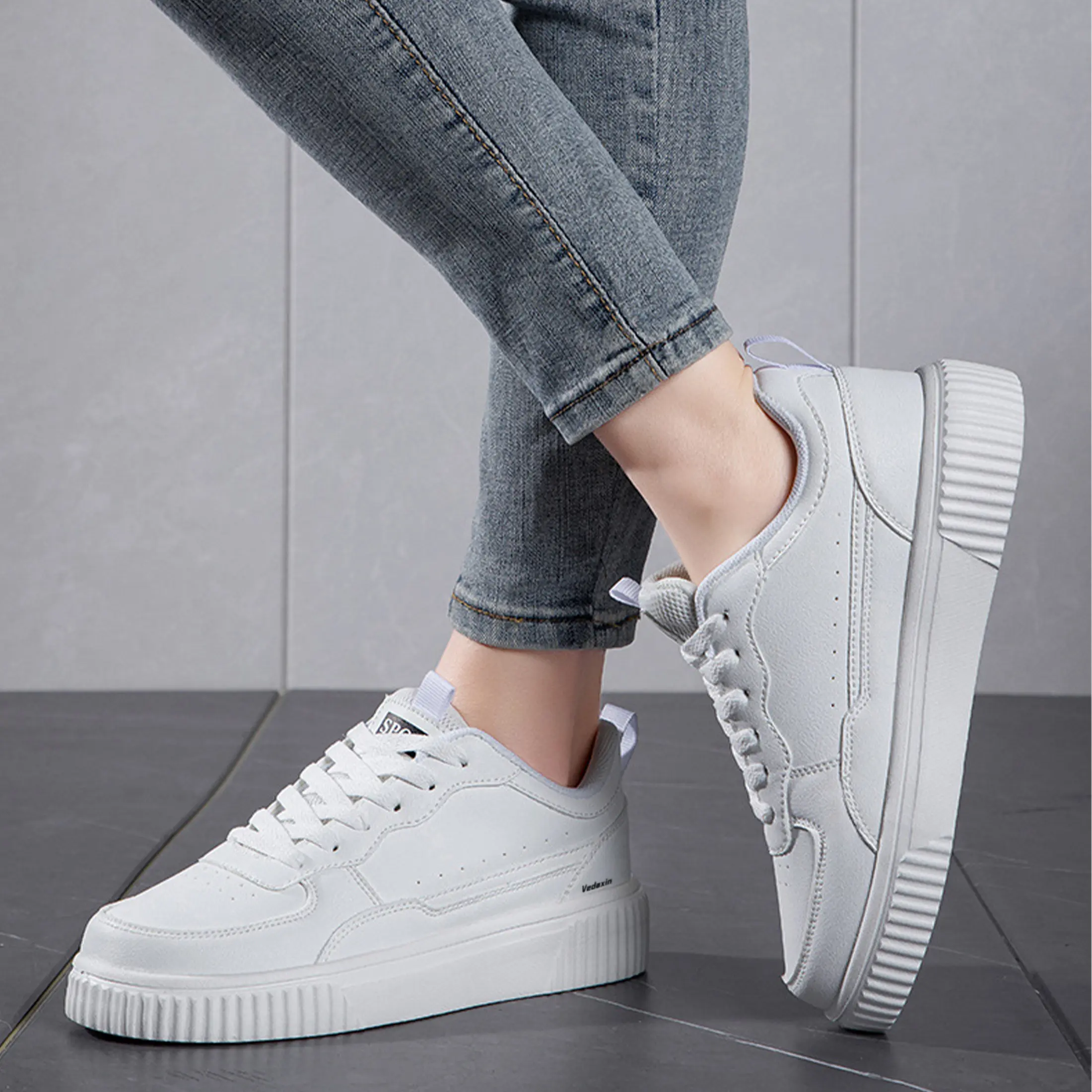 All White Platform Sneakers for Women Comfortable Leather Lace-Up Casual Shoes Trendy Streetwear Footwear Indoor Outdoor Shoes