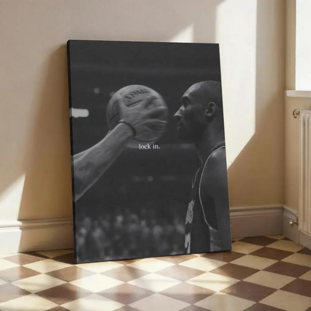 Kobe Bryant Lock In Framed Canvas Wall Decor Poster - Sports Themed Wood Frame Motivational Art, Picture Image Prints, Graphic Prints, Custom Wall Decor Boards and Art, Living Room Fan Gift for Home/Office