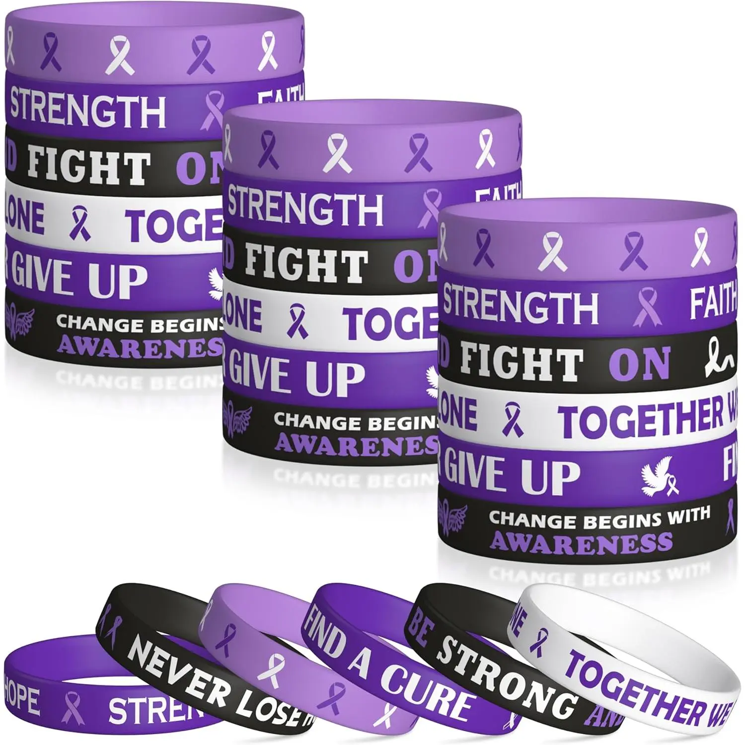 Purple Ribbon Awareness  Bracelets Set, Hope Faith Stretch Wristband,Motivational Rubber Bracelet for Domestic Violence  Abuse Lupus Epilepsy Pancreatic Cancer Alzheimer (48Pcs)
