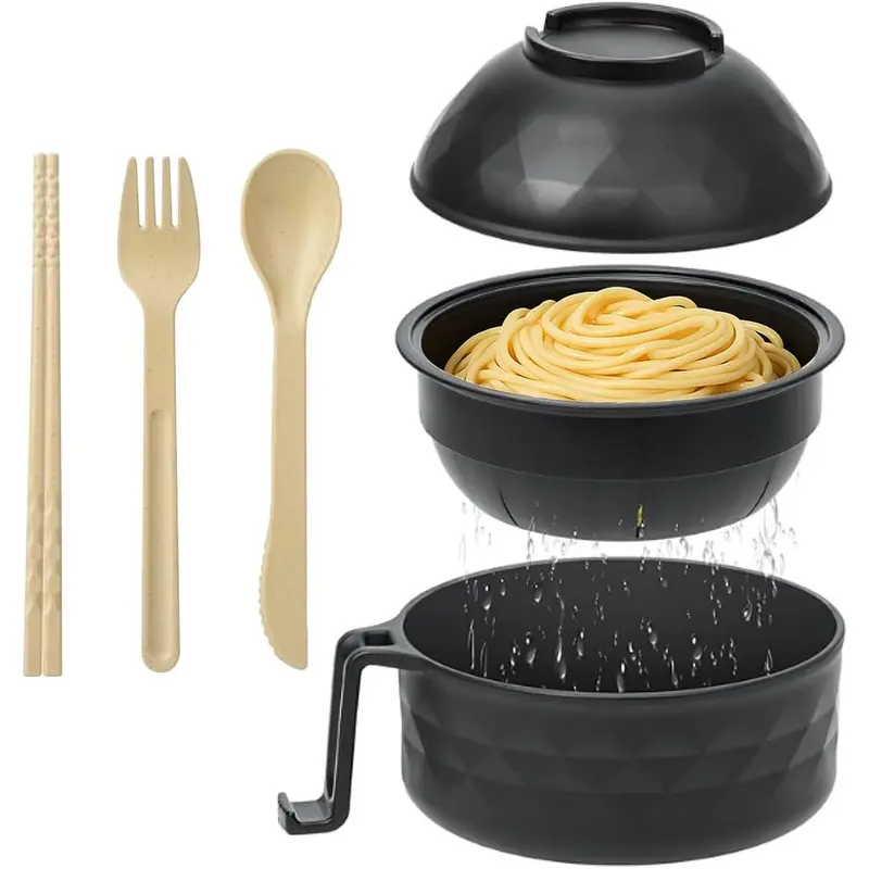 1L 3-in-1 BPA-Free Polypropylene Food-Safe Microwave-Safe Instant Noodles Ramen Bowl Set, French Country Tableware with Spoon, Chopsticks, Fork - Portable Multi-Compartment, Dorm/Travel Fit, Small-Kitchen Friendly, Value Pack, Gifting Option