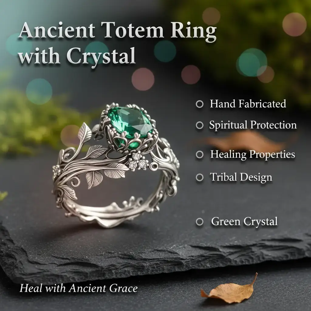 B Ancient Totem Ring with Green Crystal, Energy Grounding Tribal Design for Men & Women, Spiritual Protection Jewelry with Healing Properties hand  fabricated  jewelry