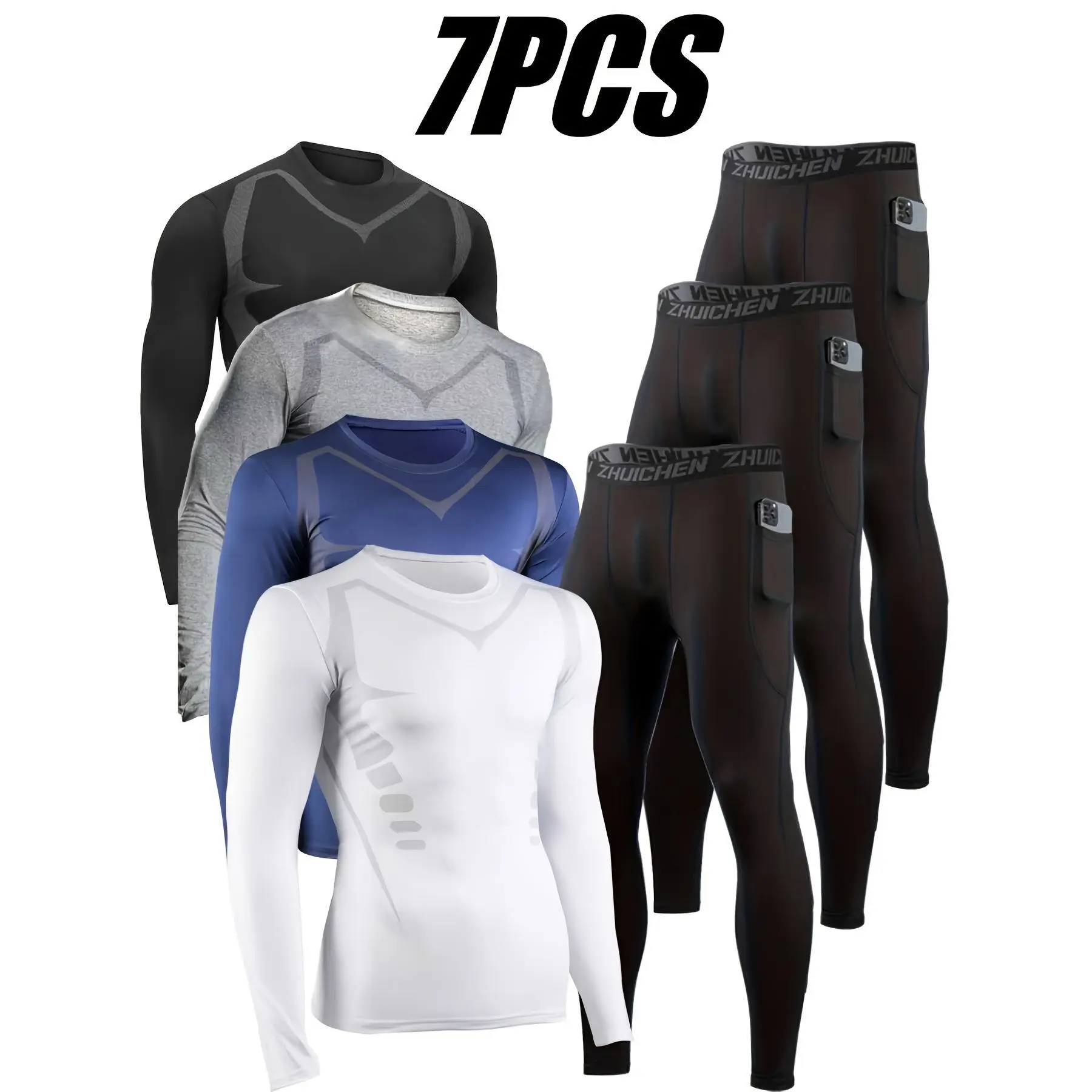 VRYXAL Men's 7-Piece Quick-Dry SPF 50+ Full Fitness Tracksuit Set - High-Elasticity, Moisture-Wicking, Tight-Fit Training Pants, Above-Knee Shorts, Swim-to-Run Conversion, for Gym, Running, Mens Clothing, Above The Knee, Workout Sets