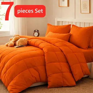 7pcs Comforter Sets Queen Size Burnt orange, 1 Comforter + 4 PillowCases + 1 Flat Sheet + 1 Fitted Sheet, Double-Sided Cold Tech Fabric, All-Season Comforter-Soft Breathable Quilt for Hot Sleepers & Night Sweats-Bedroom & Camping  #Summervibes