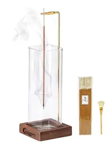 Incense Holder, Wooden Incense Holder for Sticks with Glass Ash Catcher, Anti-ash Incense Burner with 20 Incense Sticks and a Ash Brush