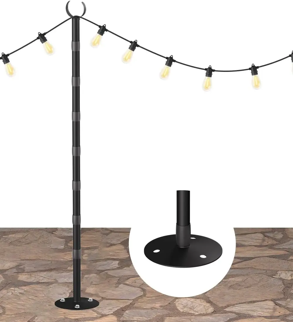 10Ft Heavy-Duty Rustproof Adjustable Metal String Light Poles for Hard Surfaces, Waterproof Outdoor Light Stand for Backyard Garden Patio Party Lighting