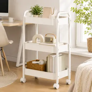 This three-tiered plastic multi-functional trolley with wheels and handles is a mobile storage trolley suitable for offices, living rooms, and kitchens. It's a portable storage and organization rack. notes sticky