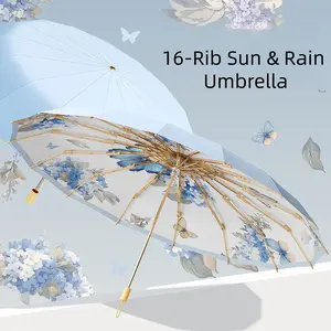 16-Rib Colorful Glue Coated Sun Umbrella, Super UV Protection, Foldable for Women, Dual-use for Sunny & Rainy Days, Retro Style Parasol, Sunshade Umbrella