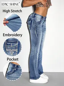 Women's Jeans Washed Blue Embroidered Back Pockets High Stretch Flare Jeans Y2K Style Slim Fit Butt Lifting Leg Lengthening Versatile for All Seasons