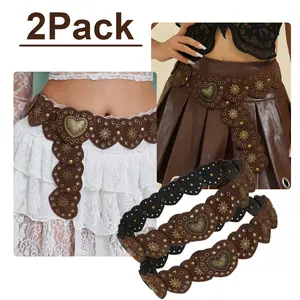 2Pack 38.2x2.8" Women's Y2k Vintage Heart Belt Wide Western Waist Belt Boho Chic Dress Belt Brown Medium Western Belt with Concho Discs Adjustable Cowgirl Waist Belt Vintage Wide Disc Design for Dresses Jeans