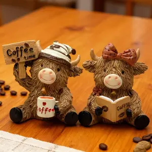 【Highland Cow Coffee Theme Decoration】Cute Resin Highland Cow, Coffee Theme Desktop Decoration, Perfect Holiday Gift for Highland Cow Lovers, Realistic Miniature Statue, Decorative Figurines