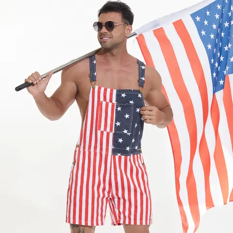 YUANBANG Men 250th Anniversary Shorts 4th of July American Flag Overalls USA Independence Day Stretchy Denim Romper Memorial Day Coveralls Patriotic Gifts for Dad Workwear Summer Jumpsuits Stars Stripes Print Fashion Womenswear Daily Outdoor Outfits