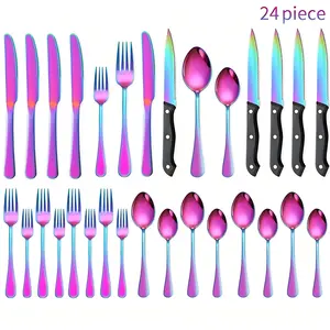 24 Piece Rainbow Stainless Steel Flatware Silverware Set，Polished Tableware Eating Utensils Set for Kitchen, Including  Knives，Forks，Spoons, Cutlery Set Dishwasher safe