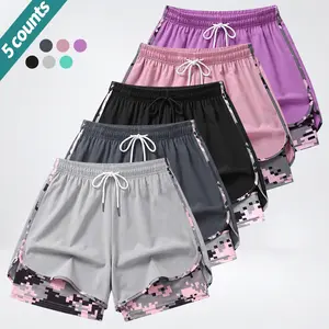 Pack of 5 women’s quick-dry sports shorts, faux two-piece anti-exposure design, multicolor options, high-stretch breathable fabric, suitable for running, fitness, outdoor training, and everyday wear.