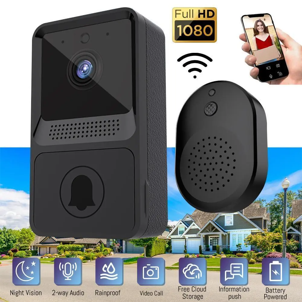 Smart Wireless WiFi Video Doorbell with Intercom and Chime 1080P HD Camera PIR Human Detection 2.4Ghz WiFi Battery Powered Security Door Bell