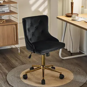 VINGLI velvet armless home office desk and chair, available in multiple colors, golden base/wheels, cute dressing table/makeup chair, bedroom, soft cushion adjustable rolling and rotating nail chair, women/girls
