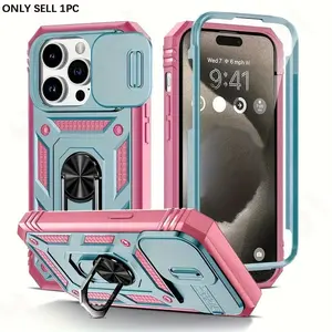 for iPhone 17 16 15 14 13 12 11 Pro Max Shockproof Armor Protective 360° Rotating Metal Magnetic Ring Stand Phone Case with Sliding Lens Cover Protection