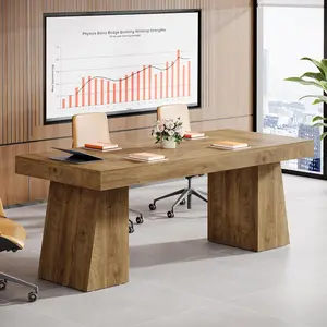 LITTLE TREE 55.1" W Conference Table for 4-6 People, Modern Meeting Table with Thick Tabletop and Double Trapezoidal Legs, Small Wood Seminar Desk Office Furniture for Conference Room