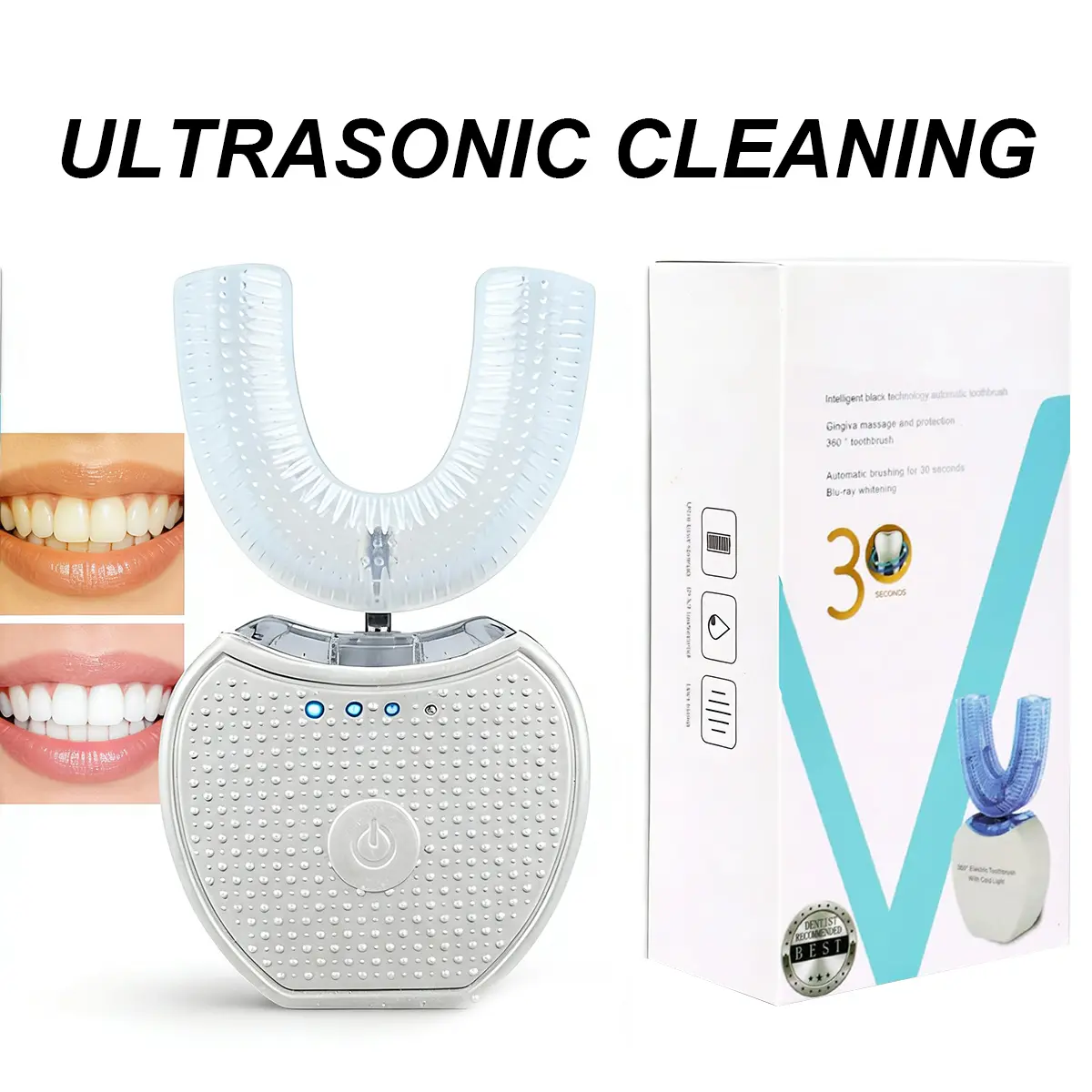 Automatic U-Shaped Electric Toothbrush, 360° Ultrasonic Teeth Cleaning Tool with Blue Light, 3-Mode USB Rechargeable Travel Toothbrush for Adults, Travel Toothbrushes
