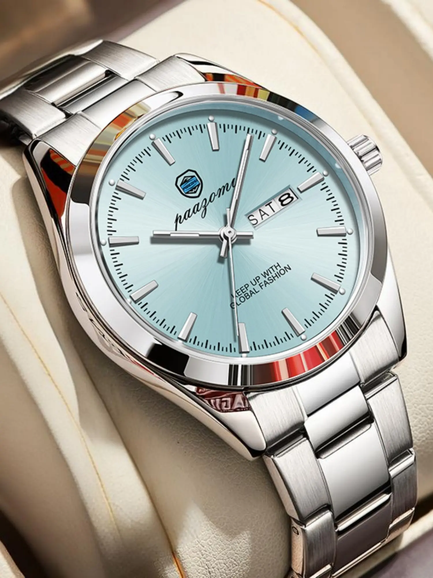 Men's Watches, Quartz Analog Watch, Quartz Analog Timepiece, 50M Waterproof PAAZOMU Watch Japan Imported Quartz Movement Accurate Timekeeping Silver Stainless Steel English Calendar SKY Blue Dial Business Watch Dad Husband Gift