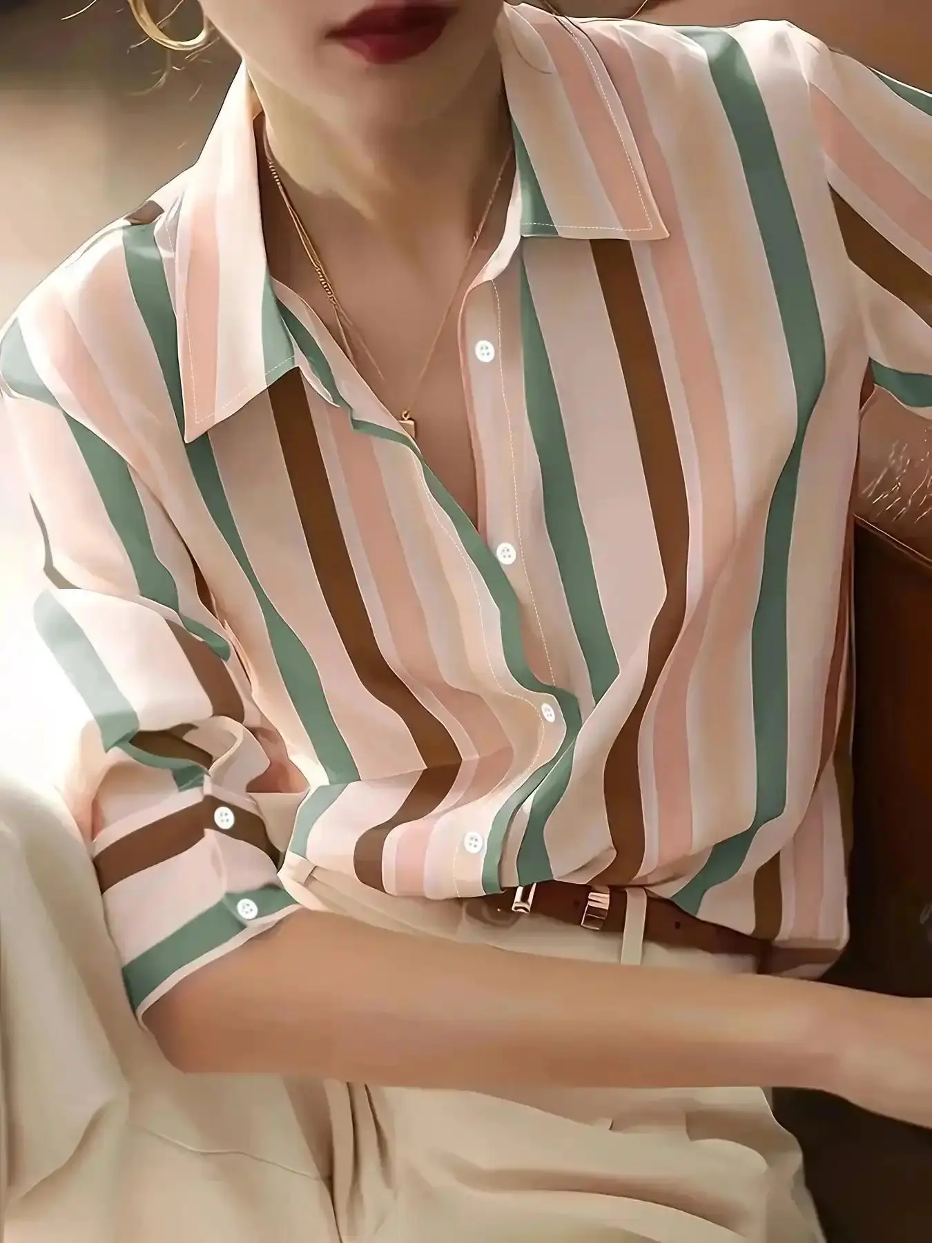 Over Striped Women's All Print Button Front Shirt, Casual Drop Shoulder Long Sleeve Top for Daily Wear, Fall Clothing Women, Ladies Clothes for All Seasons Cargo Pants Coat Cardigan Essential Knitwear Loose Fit Crew