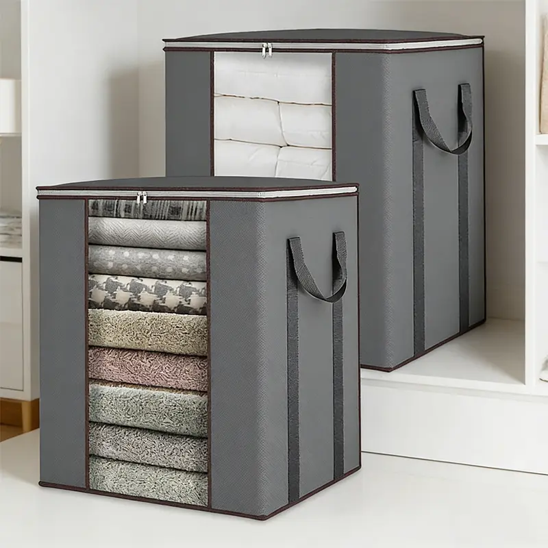 Extra Large Blanket Storage Bags, 2-Pack 120L Synthetic Fabric Organisers with Reinforced Handles, Breathable 100g Heavy-Duty Zipper for King Bedding, Ideal for Garage, Basement, Apartments Bag Organization (Grey)