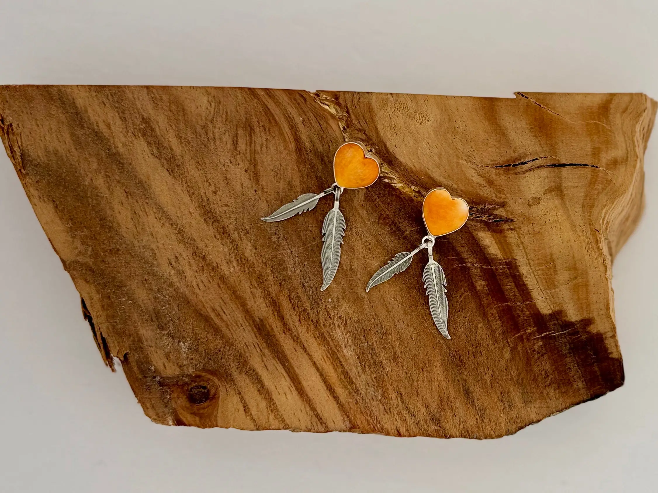 Orange Spiny Oyster with Feathers Dangling Earrings - Sterling Silver - Native Handmade - AP (artist)