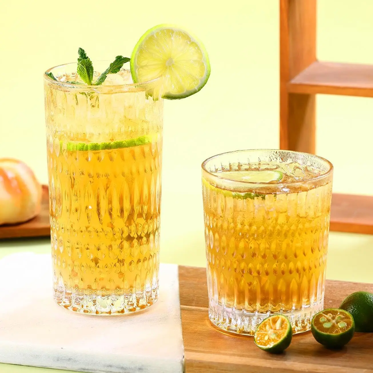 Glassware Drinking Glasses Set of 8, 14 oz Highball Glasses & 10 oz Ribbed Glass Cups,  Glassware for Water, Juice, ,  (Clear)