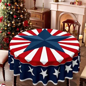A Round Tablecloth Designed for Various Occasions Such As Christmas, Easter, And Patriotic Events, Showcasing a Central Blue Star Surrounded by Red And White Stripes And an Outer Ring of White Stars. It'S Perfect for Family Gatherings, Dining Areas