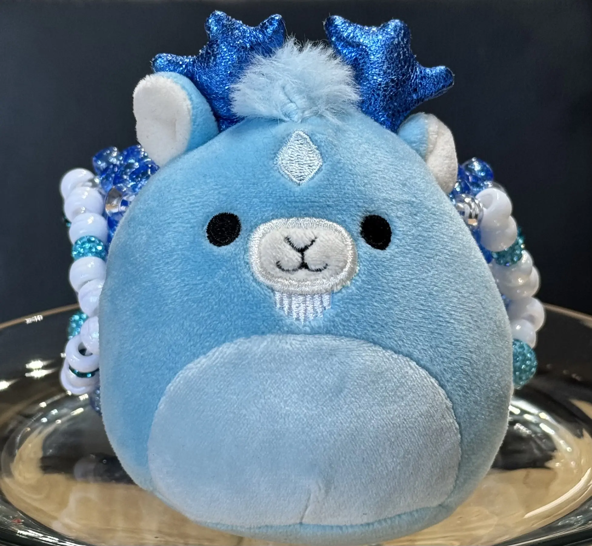 Mystical Blue Reindeer Squishmallow Kandi Cuff with Sparkly Blue Antlers and White Accents