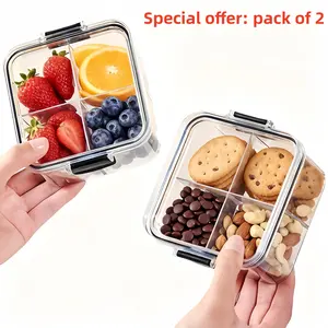 2pcs plastic square food storage containers, Meal Prep Containers with lids, 4-compartment airtight jars, rounded corner design, stackable for kitchen, fruits, spices & dry goods storage, sturdy base, transparent, leak-proof seal