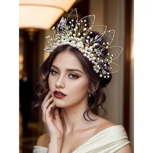 Faux Pearl & Rhinestone Decorated Crown Tiara, Elegant Leaf Design Bridal Headwear for Wedding Bridal Party Formal Occasions, Fashion Hair Accessories for Women