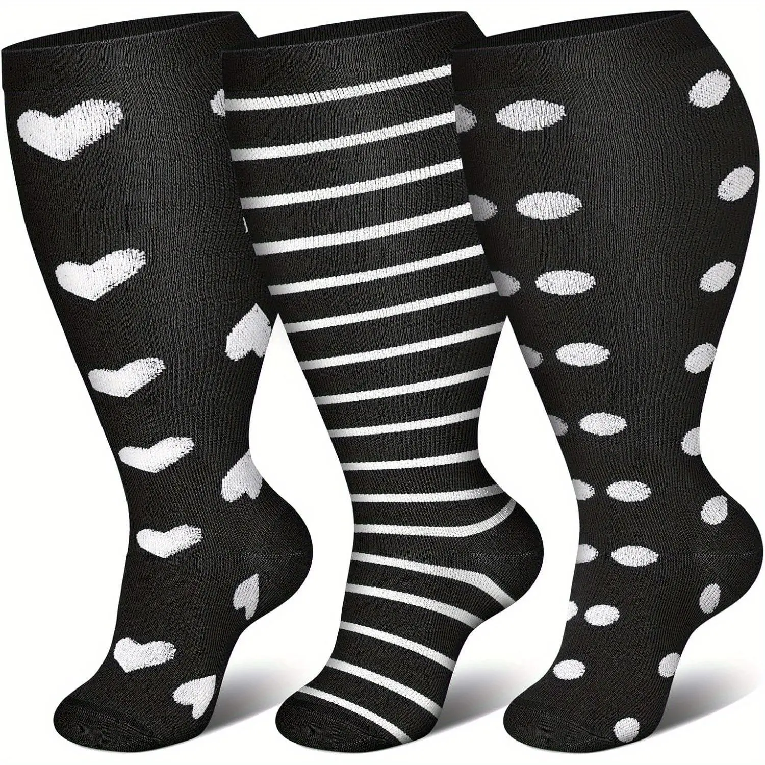 3 Pairs Compression Socks for Extra Wide Calves, Unisex Over-the-Knee Athletic Nylon Socks with 20-30 mmHg Supportive Grip, Athletic Socks