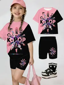 Girls' Summer K-Pop Series T-Shirt Shorts Set, Fashion Clothes Set, Patchwork Design, Casual Streetwear, Perfect Gift for Kids, Outdoor Wear