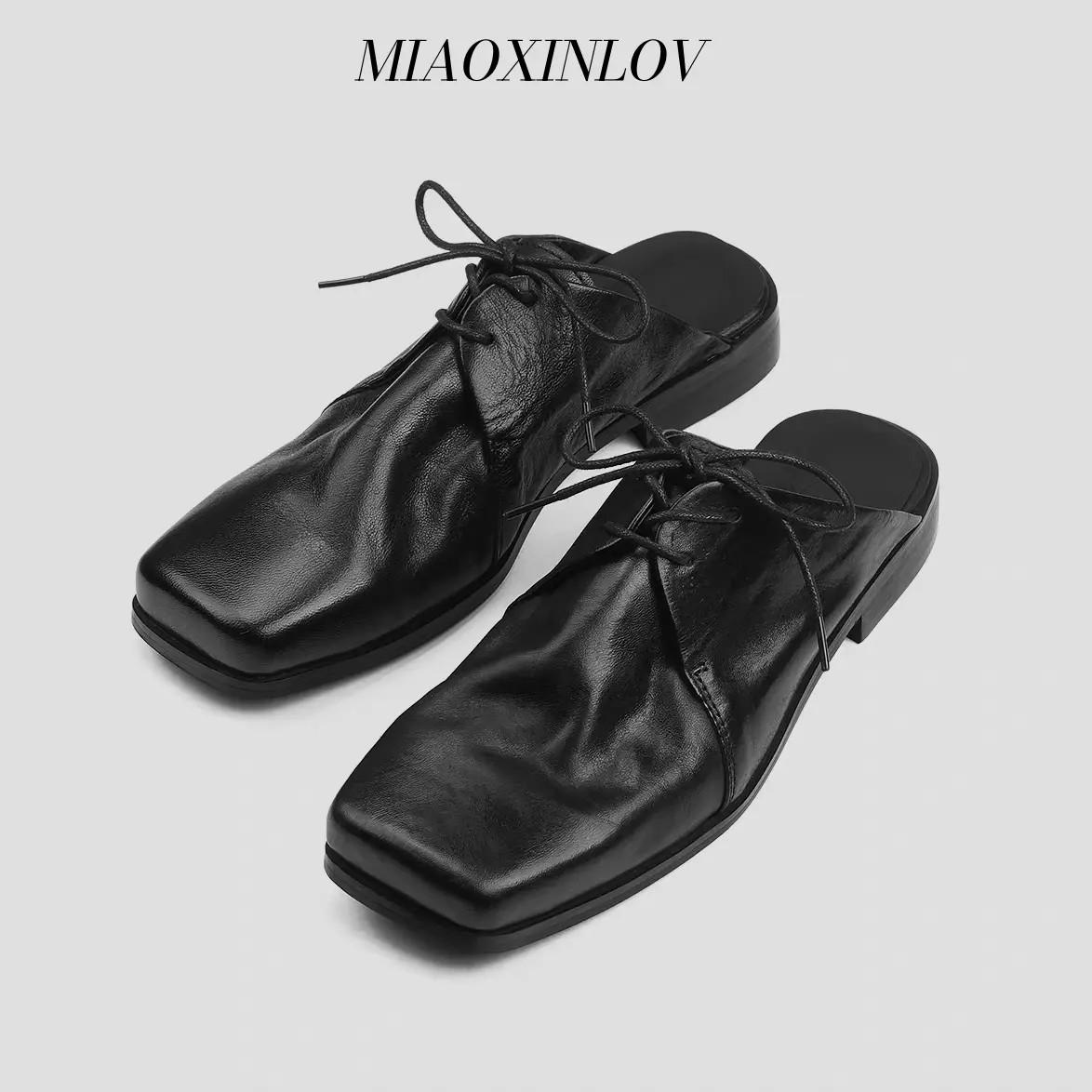MIAOXINLOV Unisex Black Leather Square Toe Mules, Lace Up Decor Slip On Fashion Soft Comfortable Casual Footwear