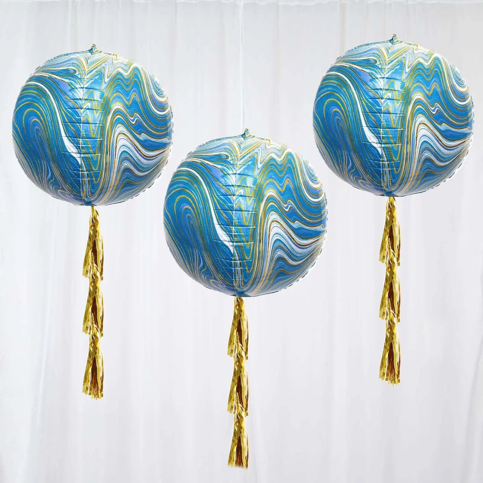 3 Pack Blue/Gold Marble Sphere Foil Helium or Air Balloons 13" 4D