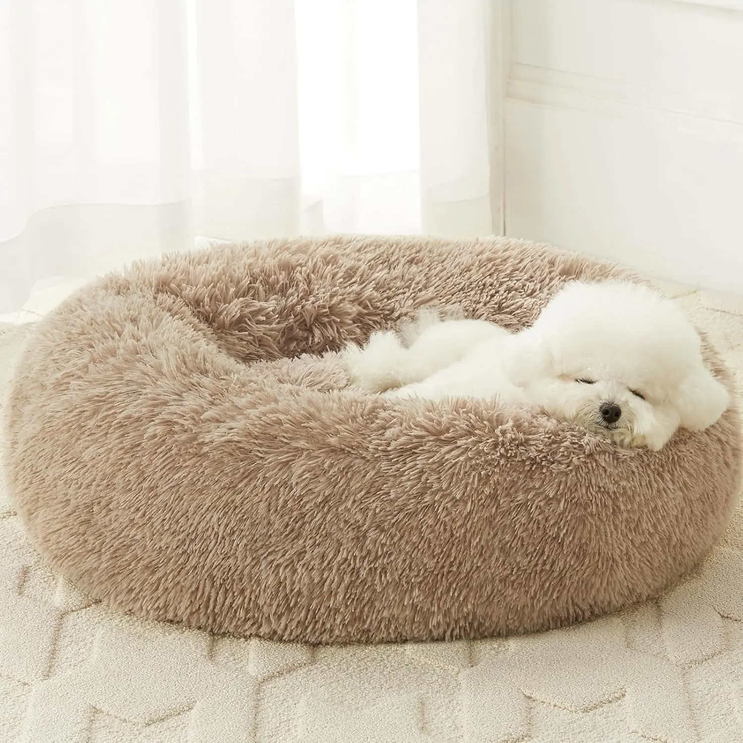 BFPETHOME Calming Donut Shaped Fluffy Cloud Dog & Cat Bed - 25D Foam Cushioned, Anti-Anxiety Snap Design, 3D 15D Support, Deep Sleep, Machine Washable, Cold Water Safe, 30x30x8in, Navy Grey, 45lb Capacity, Ideal for Indoor Napping Small Dogs/Large Cats, S