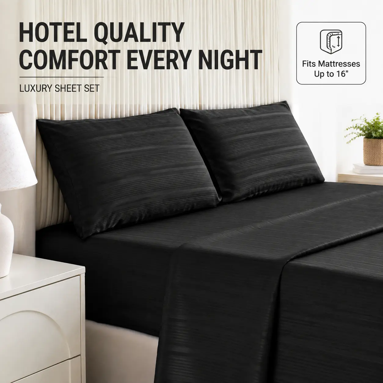 CANSUNCH Luxury Sheets 4-Piece Satin Jacquard Bedding Set, Premium Microfiber, Stripe Print, Deep Pocket Fits 16" Mattress, Soft Texture, Wrinkle Resistant