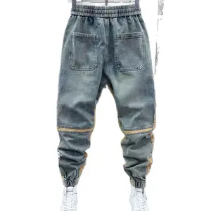 Men's Fashion Jeans Water Wash Trend Splicing Spring Autumn Tight Waist Ankle Pants Blue Water Wash Old-Fashioned Cuff Pants