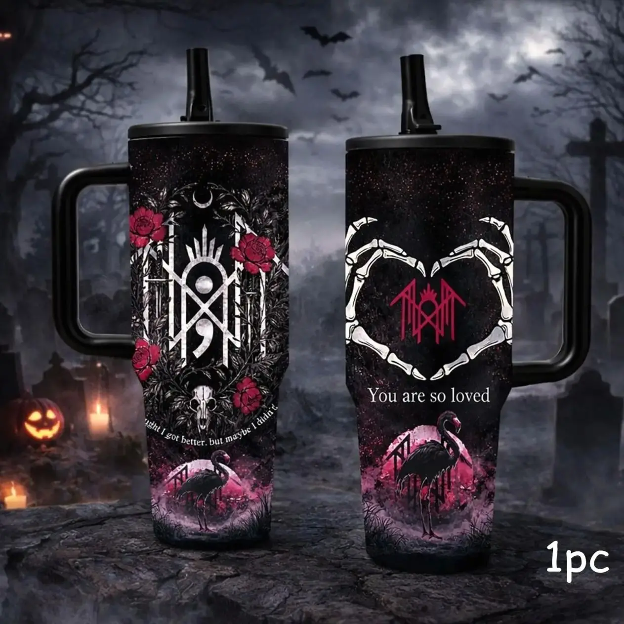 40oz Tumbler with Handle/ 20oz Straight Cup, Vacuum Insulated Drinkware, Stainless Steel With Handle And Lid, Leak Proof For Hot Cold Drinks, Gothic Skeleton Heart Design Tumbler, Spring Gift F1SS3