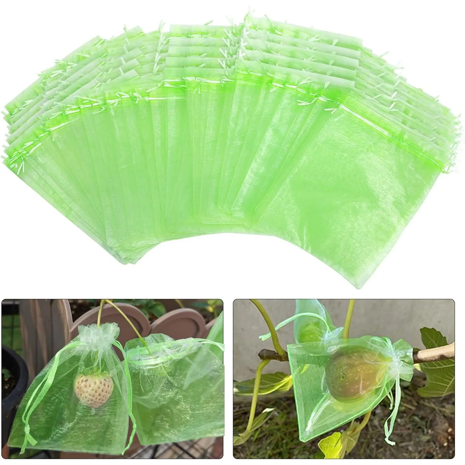 6x8 Inch 100 count Green Fruit Protection Bags- Fruit Netting Bags with Drawstring,Garden Fruit Cover Mesh Bag to Protect  from Pest Birds Squirrels
