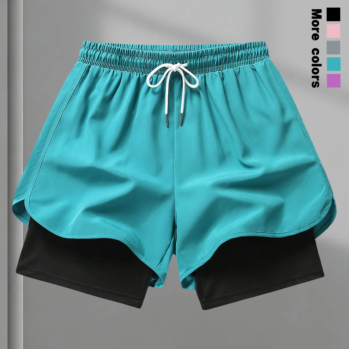 Women’s athletic shorts — casual gym shorts for running, faux two-piece design to prevent exposure; polyester–spandex knit compression base layer pants with quick-dry breathability and an elastic drawstring waist