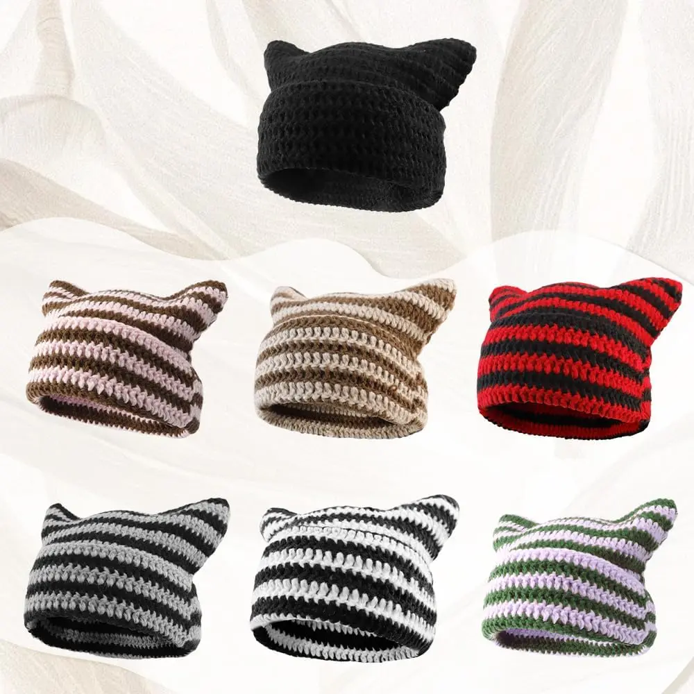 Cat Ear Beanie for Women Men - Crochet Knitted Hat With Ears - Cute Y2k Winter Slouchy Beanie, Warm Striped Crochet Hats for Cold Weather, Unisex Slouchy Design for Winter Adventures and Holiday Photos Fashionable Match Soft