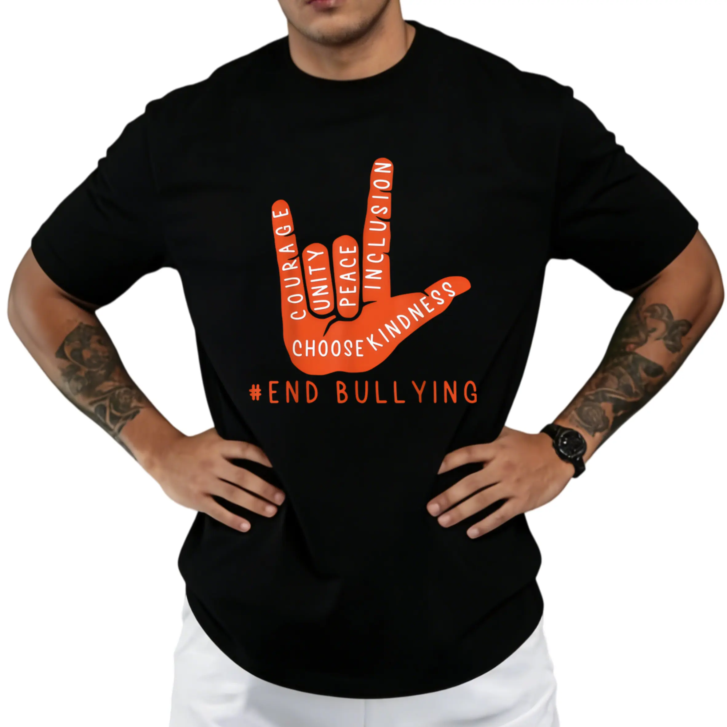 Men's Anti-Bullying Awareness T-Shirt - Unity Day Graphic Tee with Love Sign Language, #ENDBULLYING Message - Heavyweight Shirt for Advocacy, Schools, Workplaces