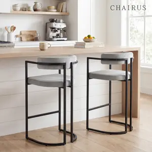 CHAIRUS  26 Inches Velvet Modern Bar Stools Set of 2 Faux Fur Upholstered Bar Chairs with Metal Base Footrest, Kitchen Counter Chairs for Home Bar/Pub/Dining Room/Kitchen Island,